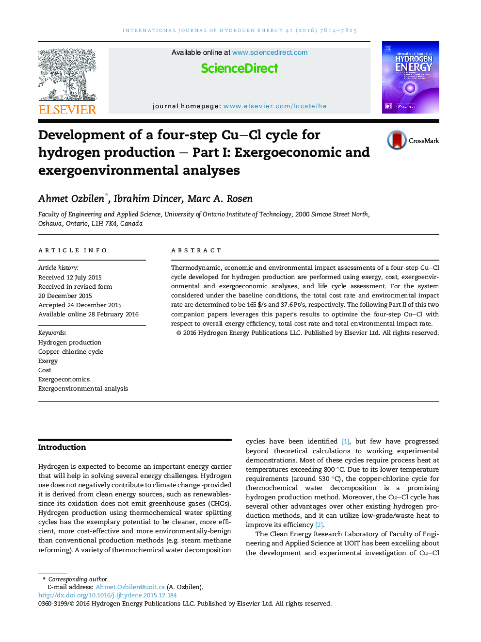 Development of a four-step Cu–Cl cycle for hydrogen production – Part I: Exergoeconomic and exergoenvironmental analyses