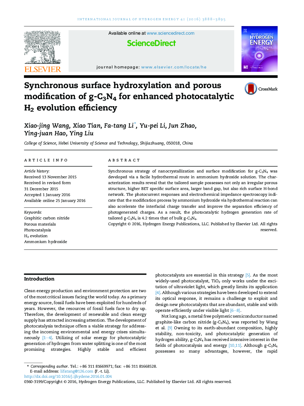 Synchronous surface hydroxylation and porous modification of g-C3N4 for enhanced photocatalytic H2 evolution efficiency