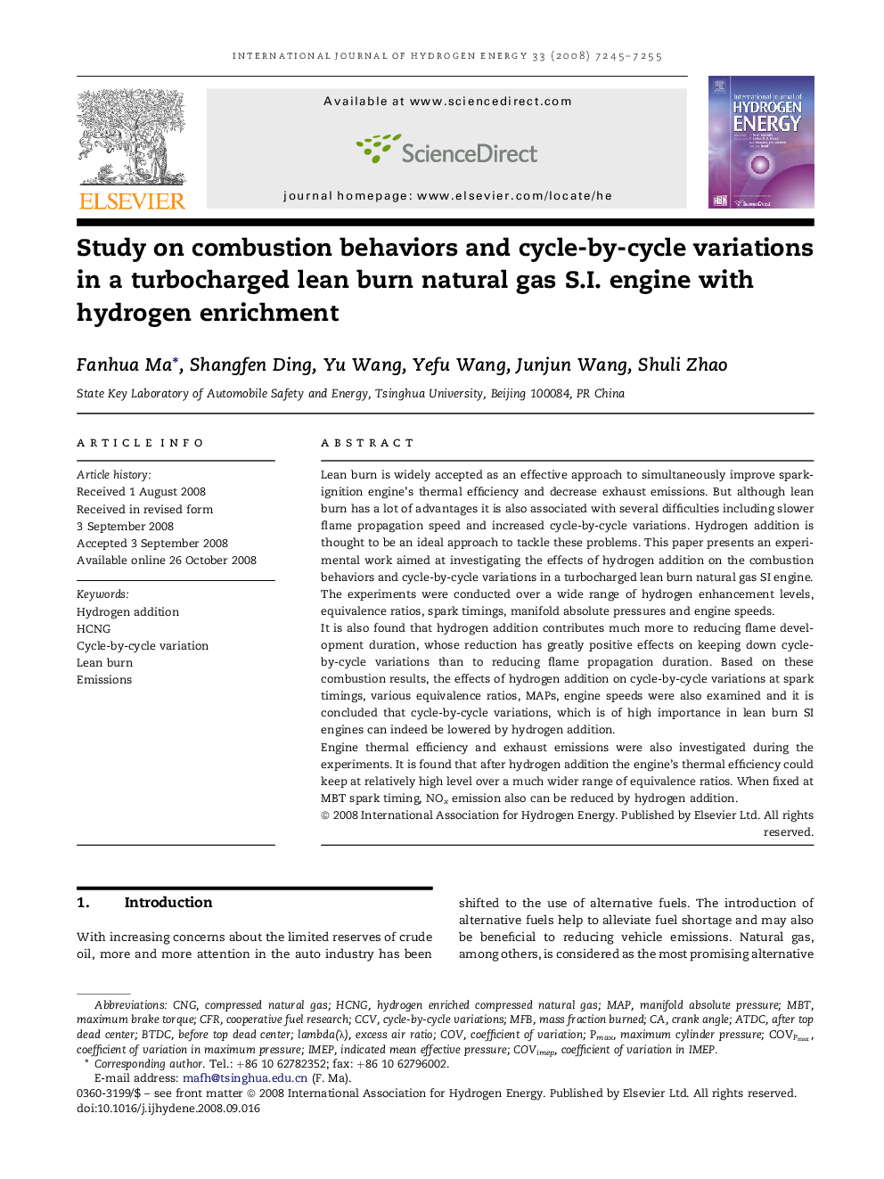 Study on combustion behaviors and cycle-by-cycle variations in a turbocharged lean burn natural gas S.I. engine with hydrogen enrichment