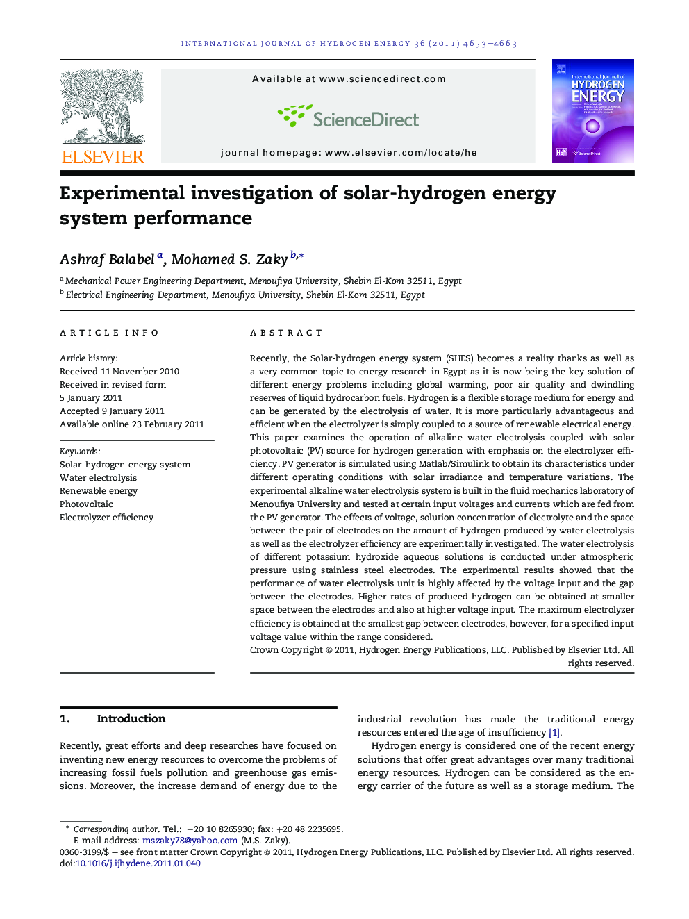 Experimental investigation of solar-hydrogen energy system performance