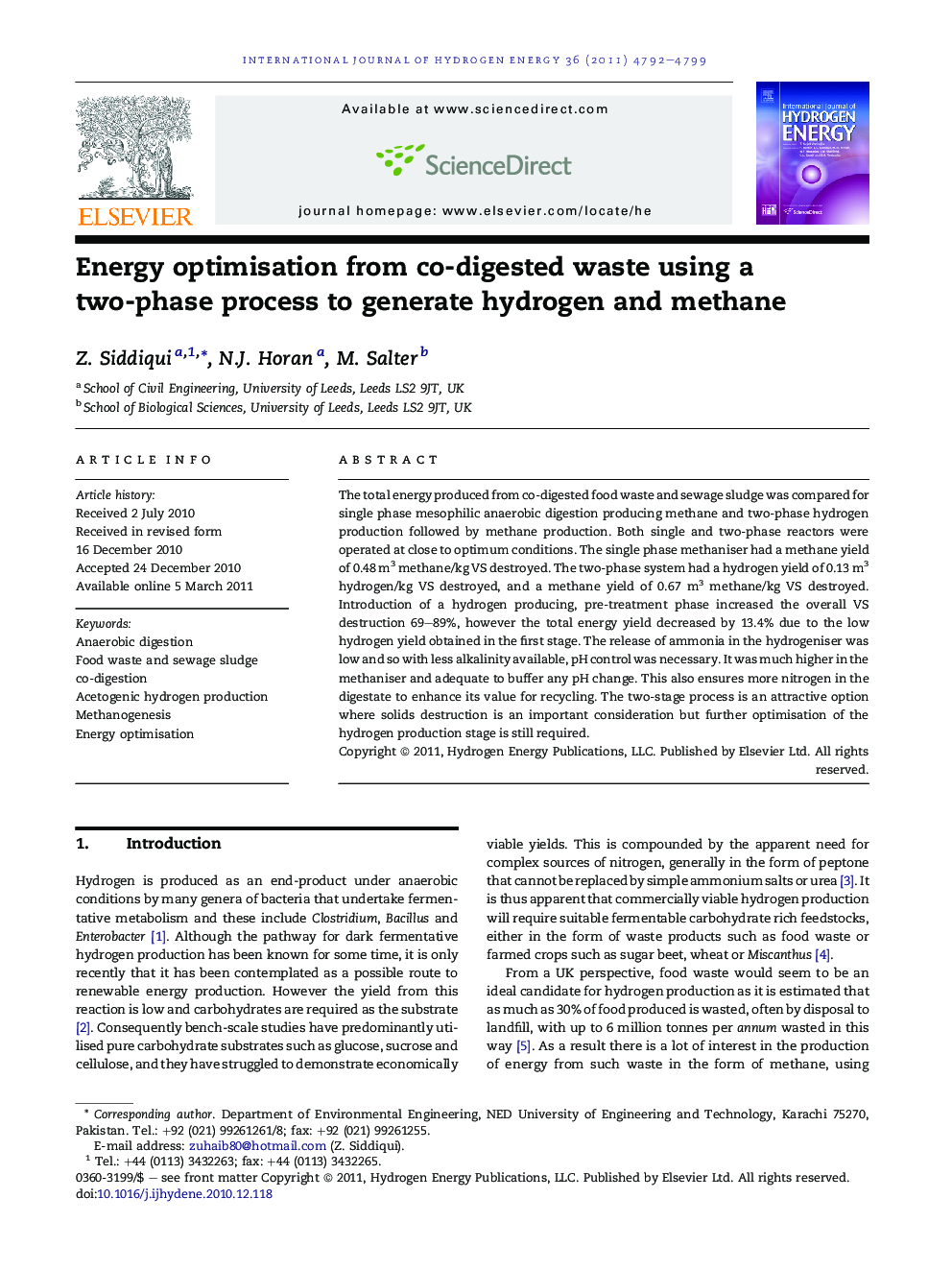 Energy optimisation from co-digested waste using a two-phase process to generate hydrogen and methane
