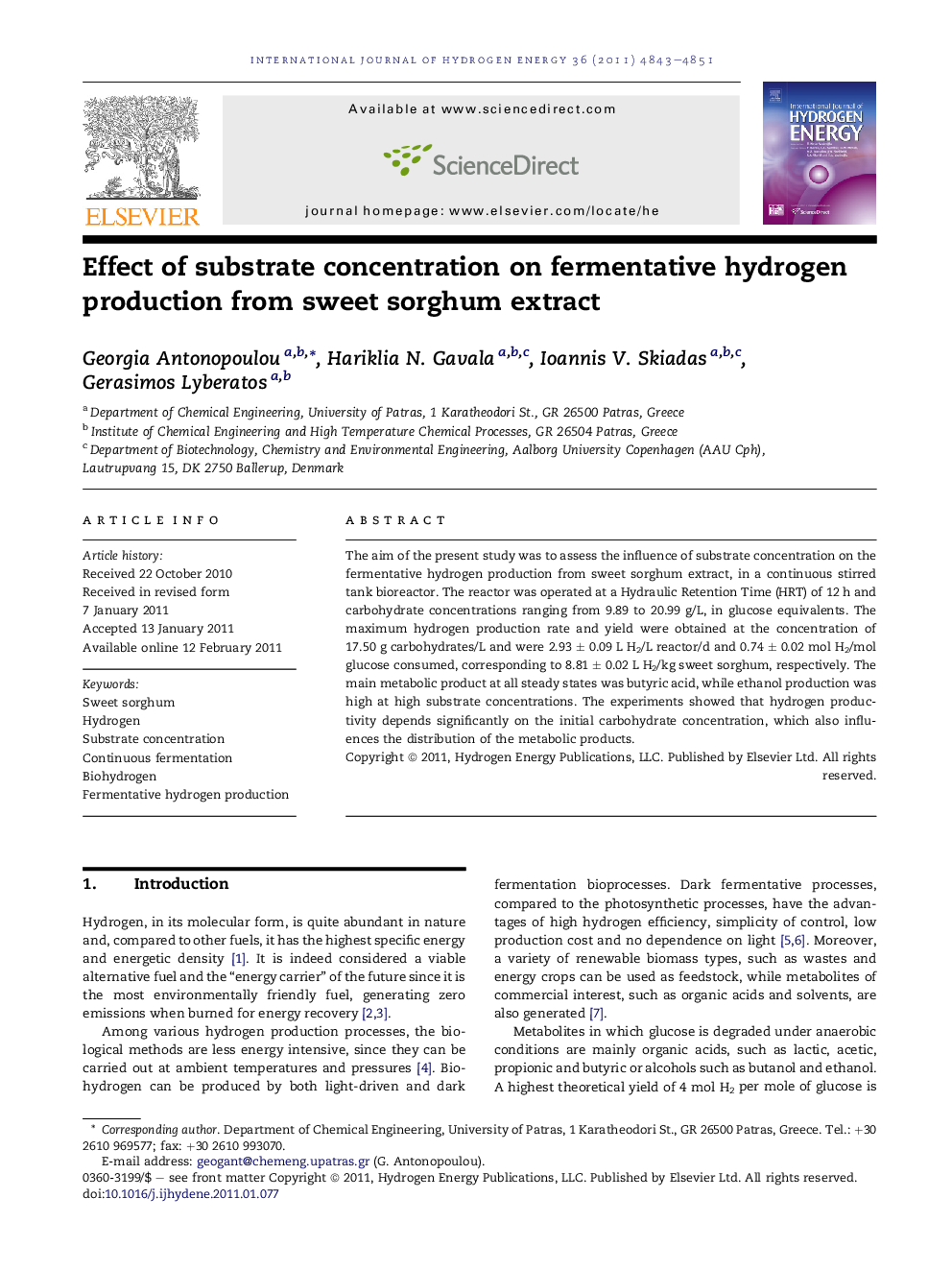 Effect of substrate concentration on fermentative hydrogen production from sweet sorghum extract