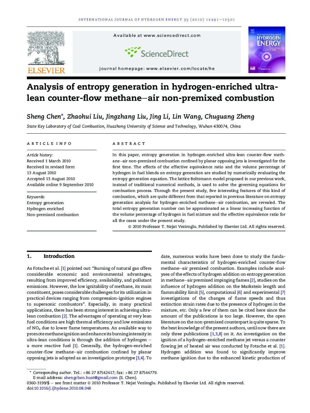 Analysis of entropy generation in hydrogen-enriched ultra-lean counter-flow methane–air non-premixed combustion