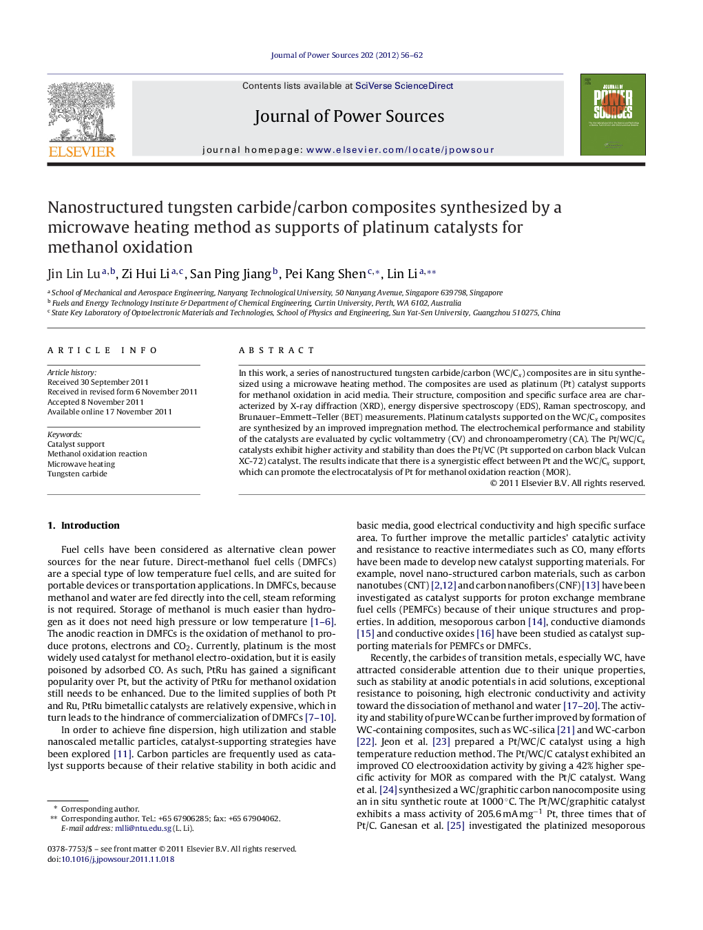 Nanostructured tungsten carbide/carbon composites synthesized by a microwave heating method as supports of platinum catalysts for methanol oxidation