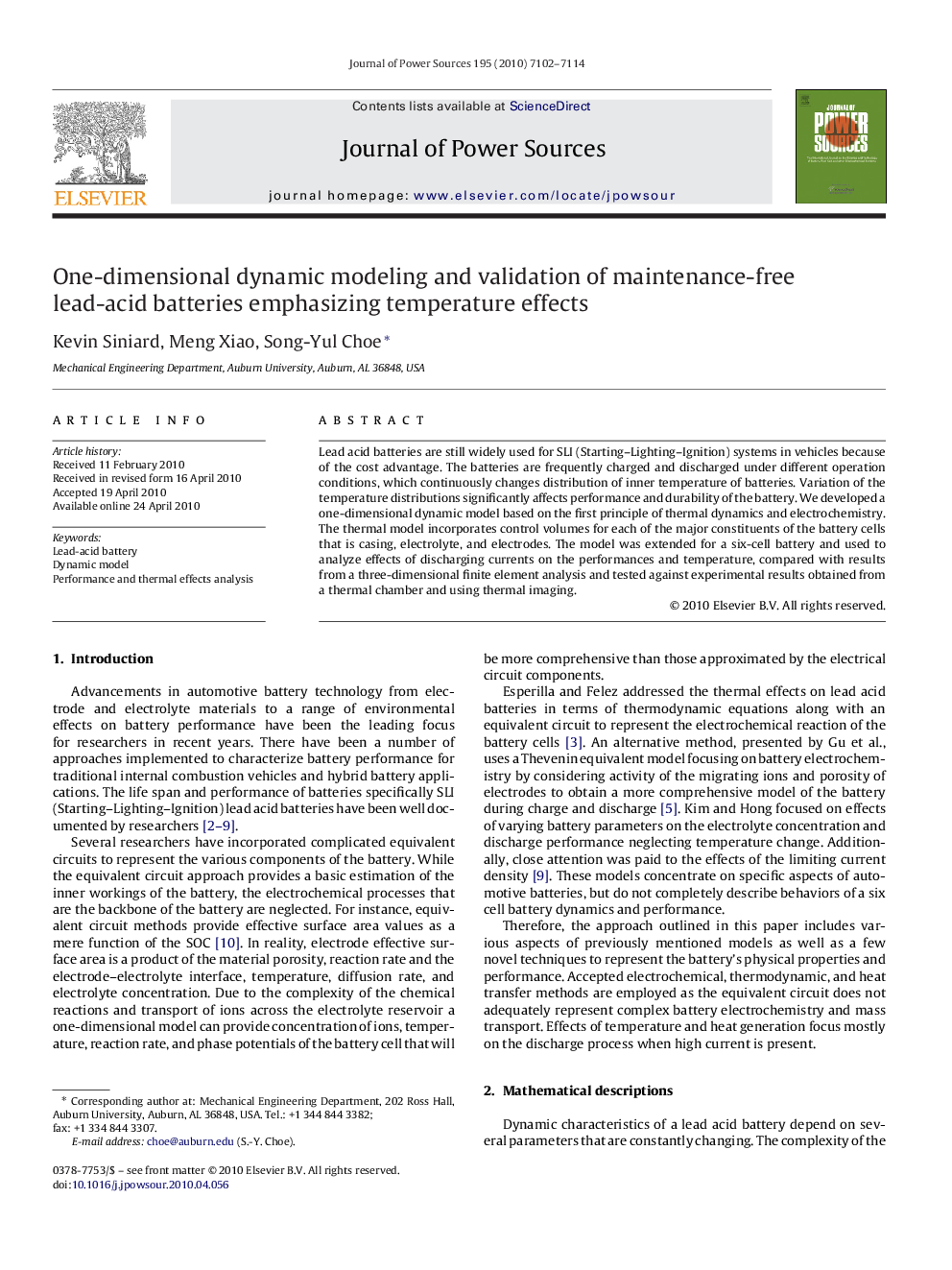 One-dimensional dynamic modeling and validation of maintenance-free lead-acid batteries emphasizing temperature effects