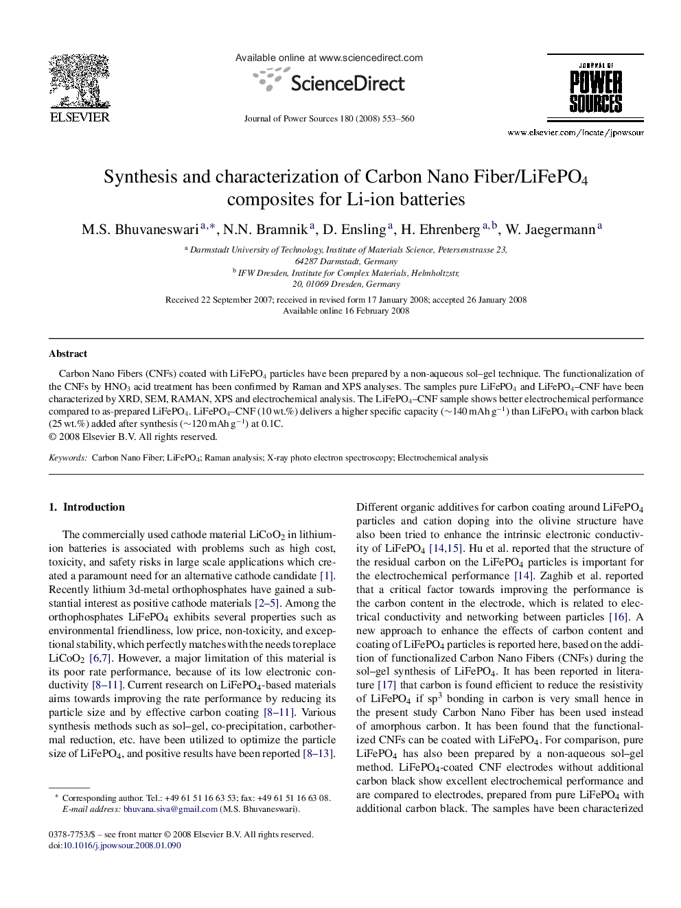 Synthesis and characterization of Carbon Nano Fiber/LiFePO4 composites for Li-ion batteries