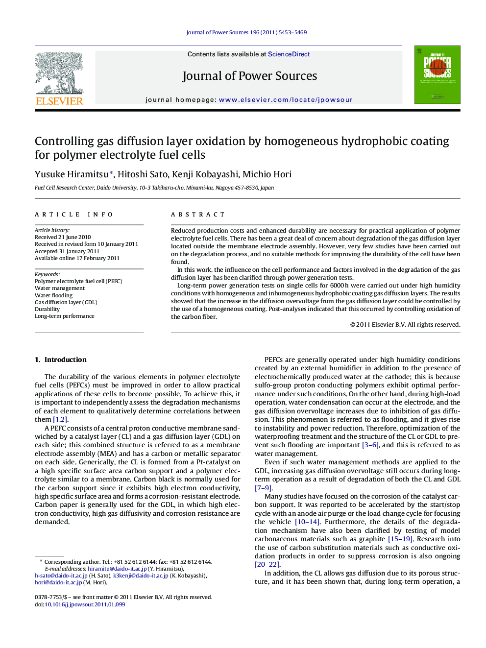 Controlling gas diffusion layer oxidation by homogeneous hydrophobic coating for polymer electrolyte fuel cells