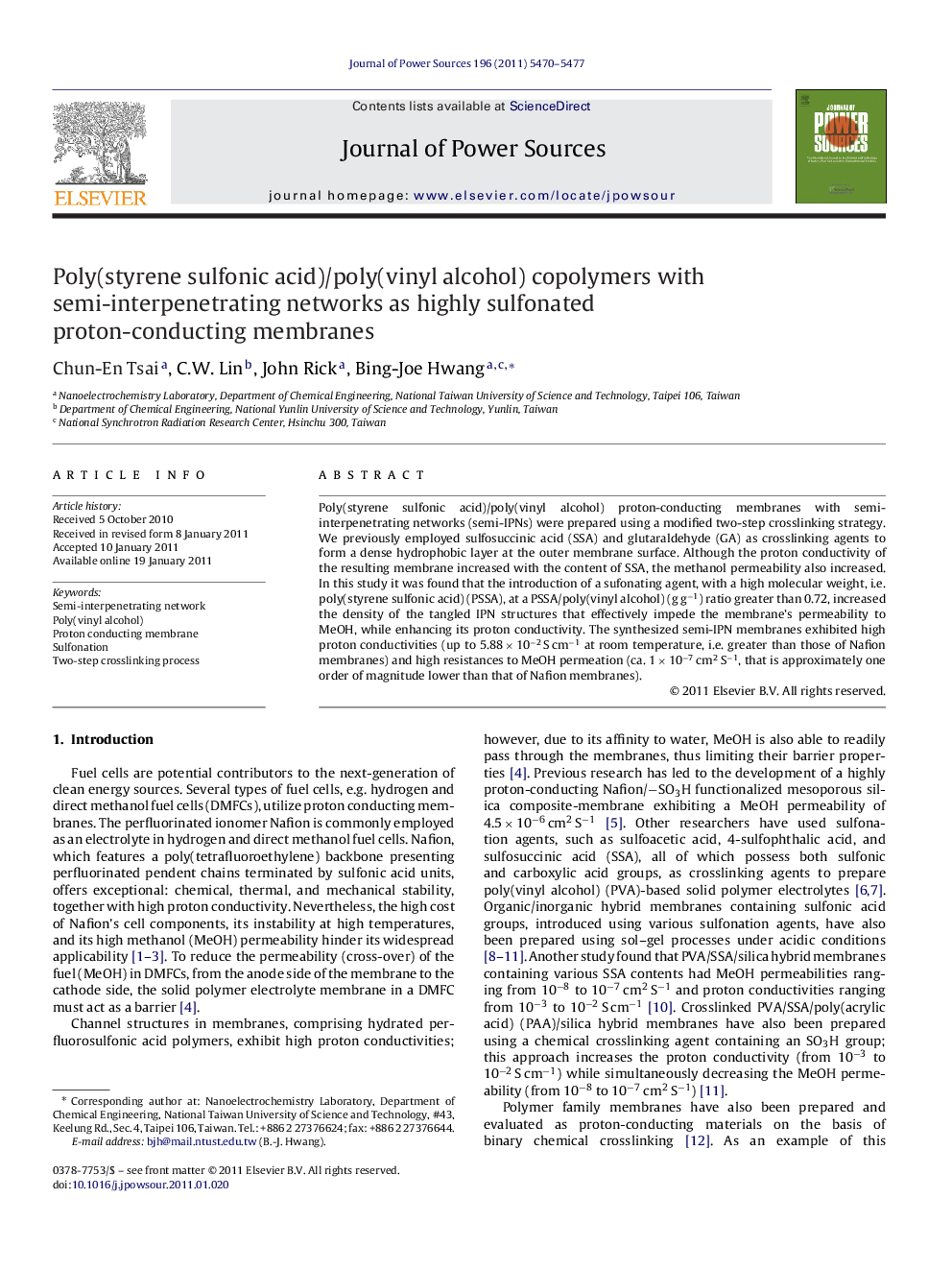 Poly(styrene sulfonic acid)/poly(vinyl alcohol) copolymers with semi-interpenetrating networks as highly sulfonated proton-conducting membranes