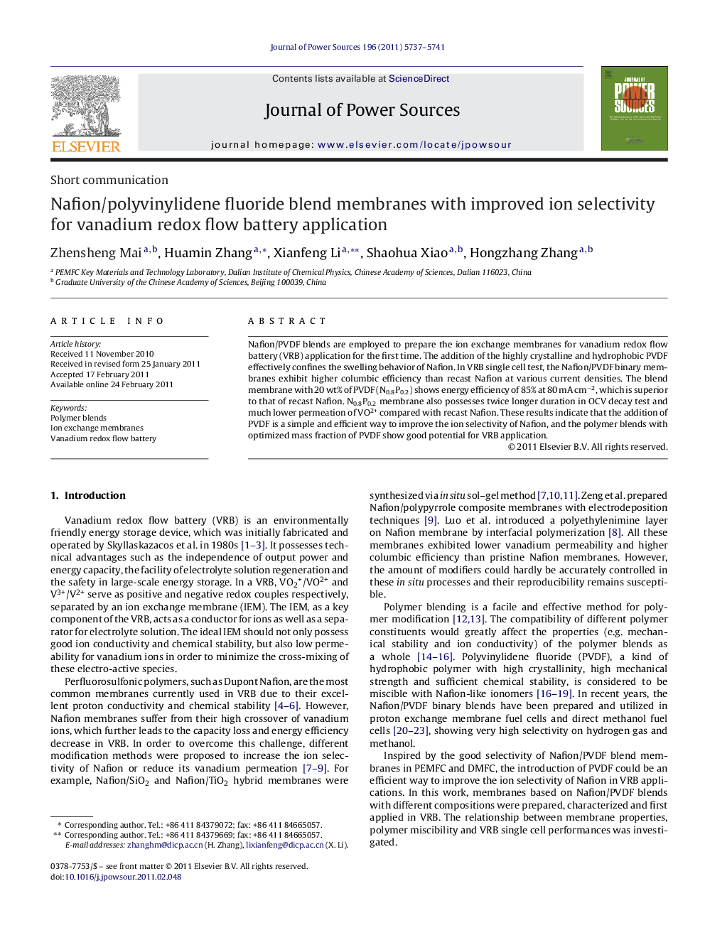 Nafion/polyvinylidene fluoride blend membranes with improved ion selectivity for vanadium redox flow battery application