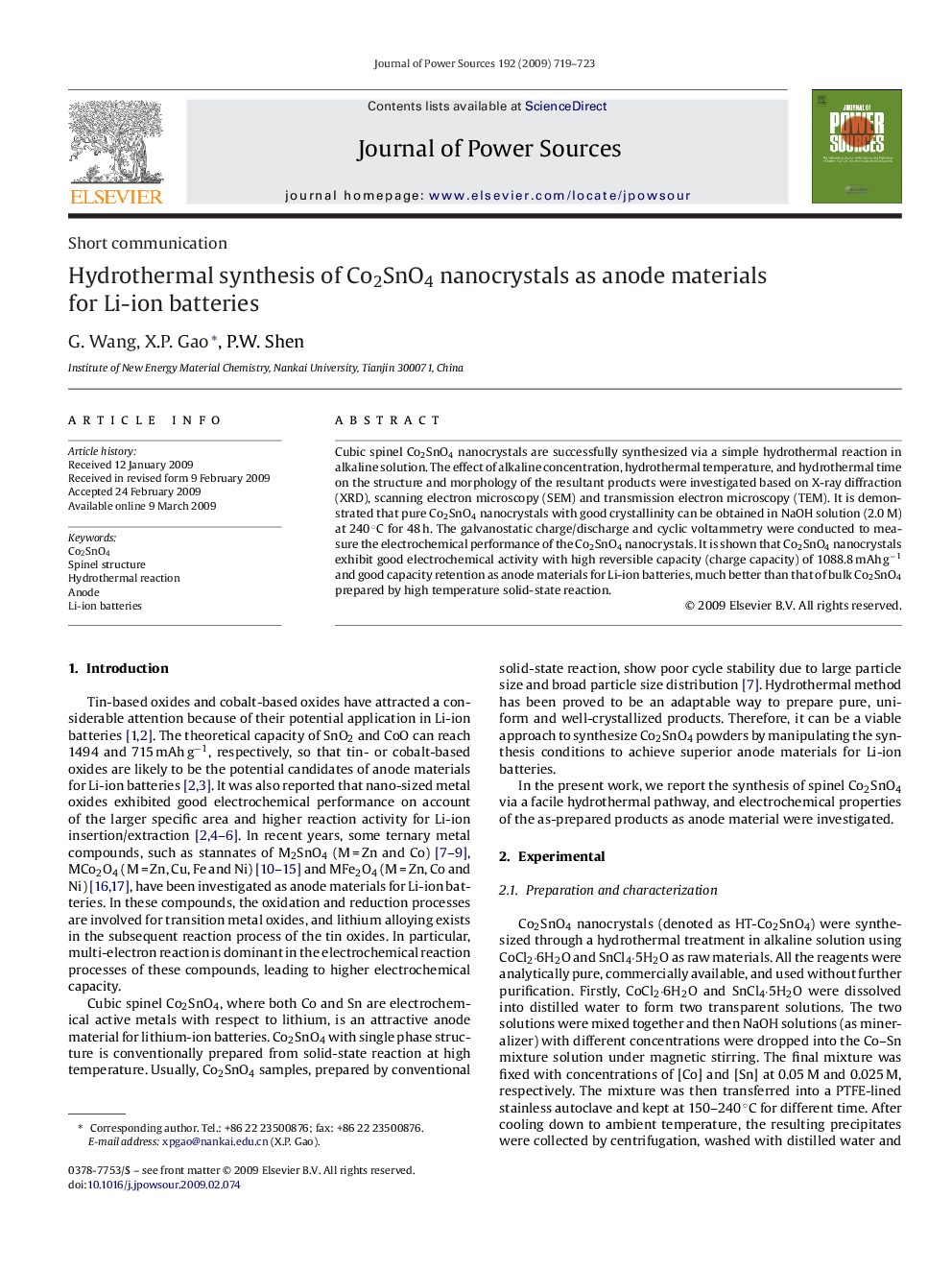 Hydrothermal synthesis of Co2SnO4 nanocrystals as anode materials for Li-ion batteries