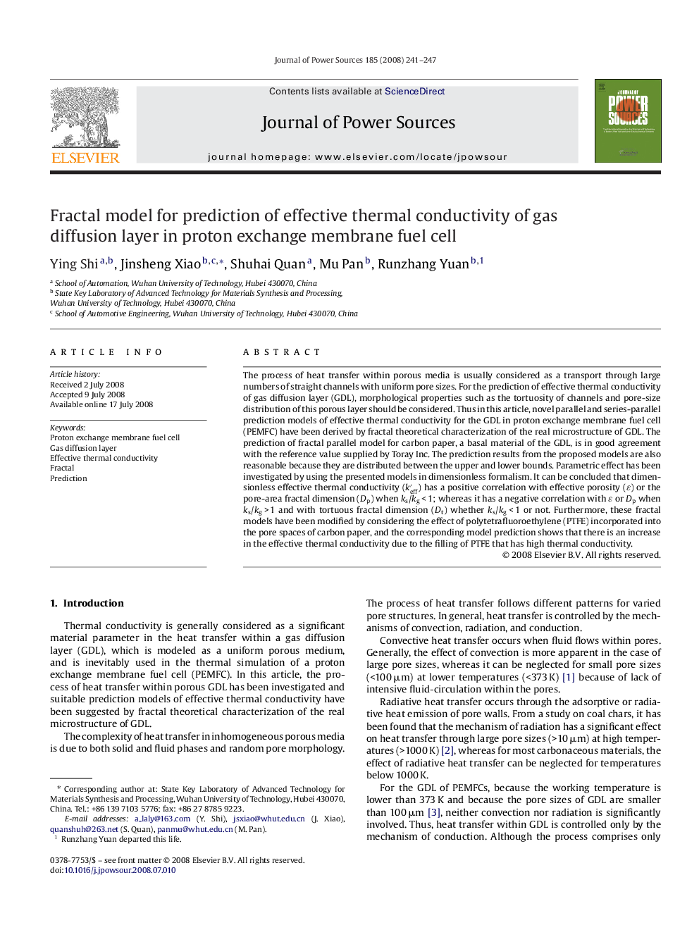 Fractal model for prediction of effective thermal conductivity of gas diffusion layer in proton exchange membrane fuel cell