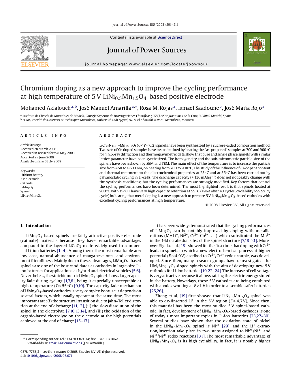 Chromium doping as a new approach to improve the cycling performance at high temperature of 5 V LiNi0.5Mn1.5O4-based positive electrode