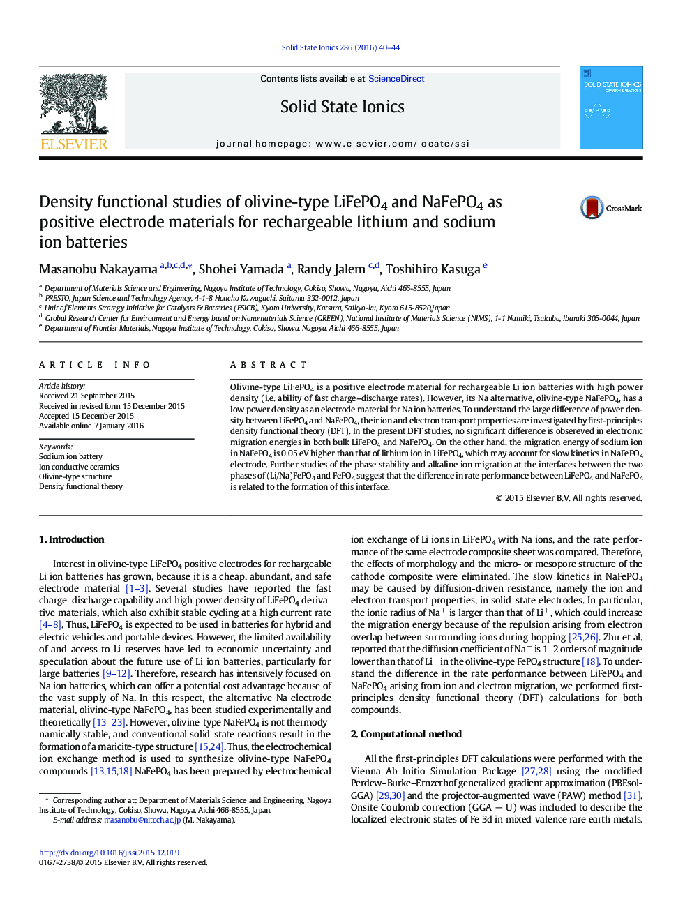 مطالعات تابعی چگالی از Li-FePO4 و NaFePO4 نوع الیوین به عنوان مواد الکترود مثبت برای باتری های یون لیتیوم و سدیم قابل شارژ