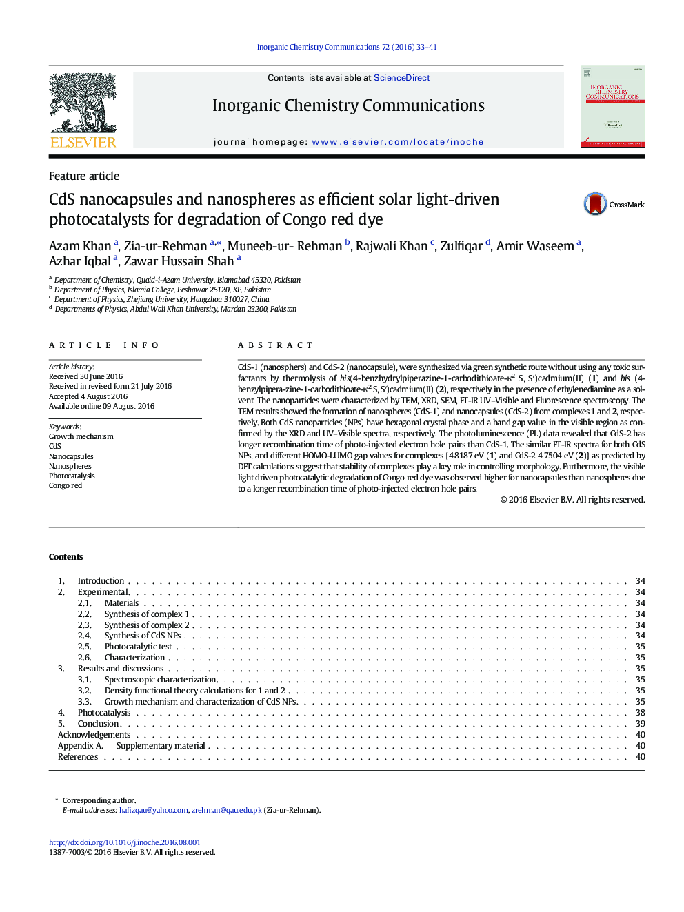 CdS nanocapsules and nanospheres as efficient solar light-driven photocatalysts for degradation of Congo red dye