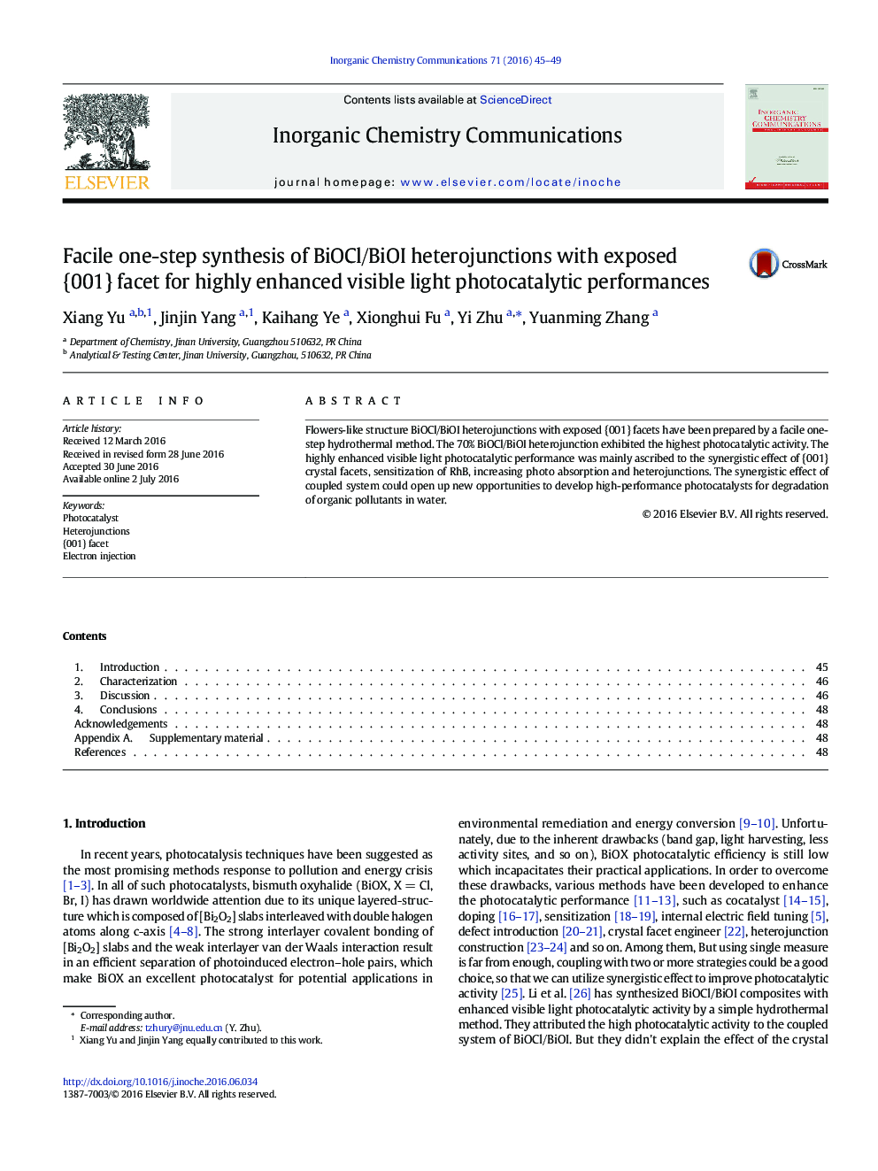 Facile one-step synthesis of BiOCl/BiOI heterojunctions with exposed {001} facet for highly enhanced visible light photocatalytic performances