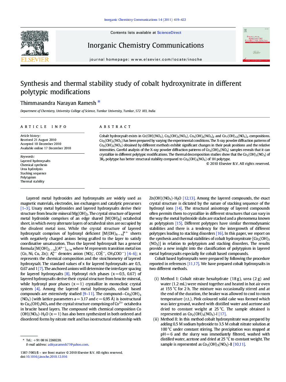 Synthesis and thermal stability study of cobalt hydroxynitrate in different polytypic modifications