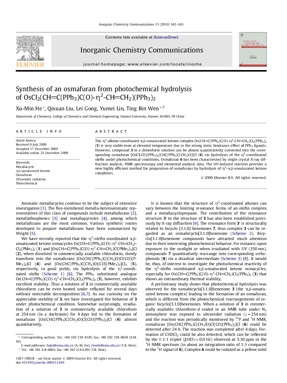 Synthesis of an osmafuran from photochemical hydrolysis of OsCl2(CHC(PPh3)C(O)-η2-CHCH2)(PPh3)2