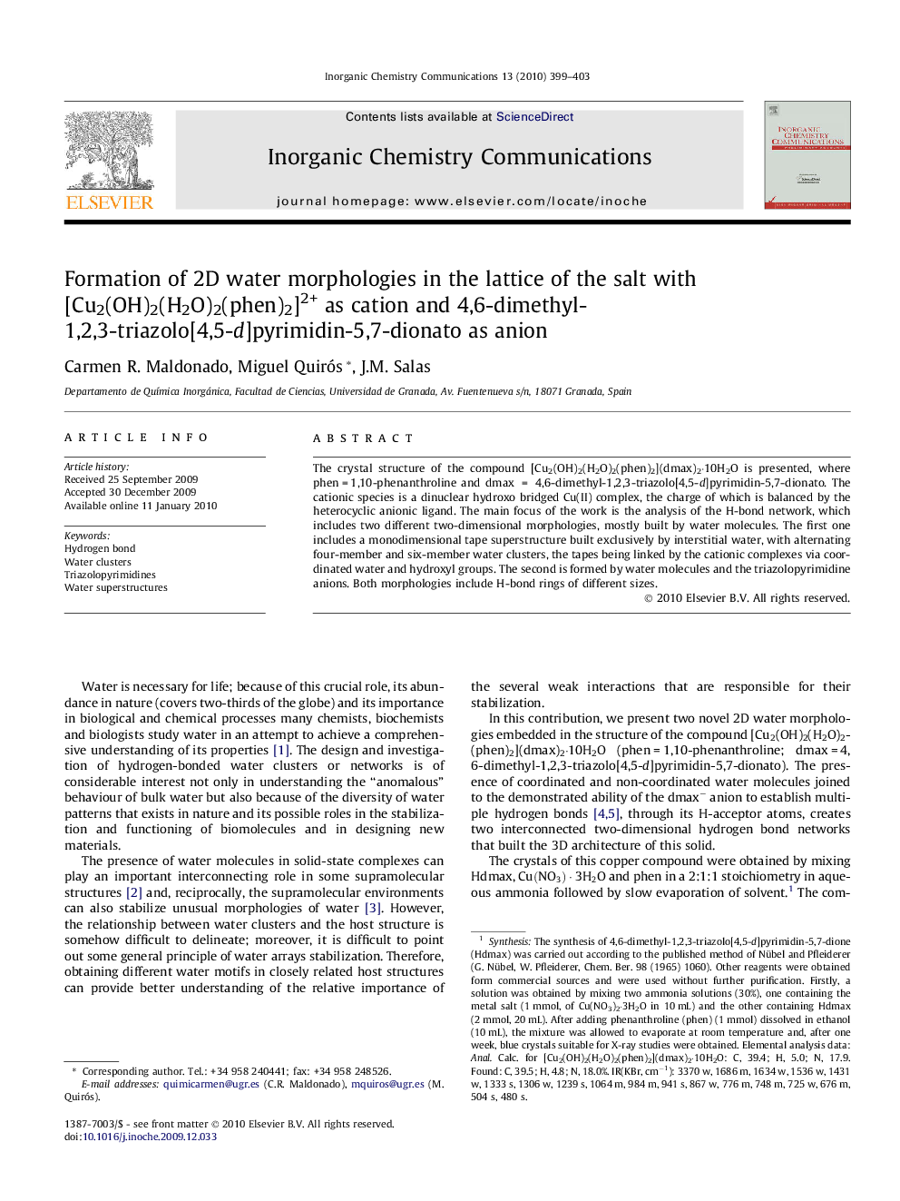 Formation of 2D water morphologies in the lattice of the salt with [Cu2(OH)2(H2O)2(phen)2]2+ as cation and 4,6-dimethyl-1,2,3-triazolo[4,5-d]pyrimidin-5,7-dionato as anion