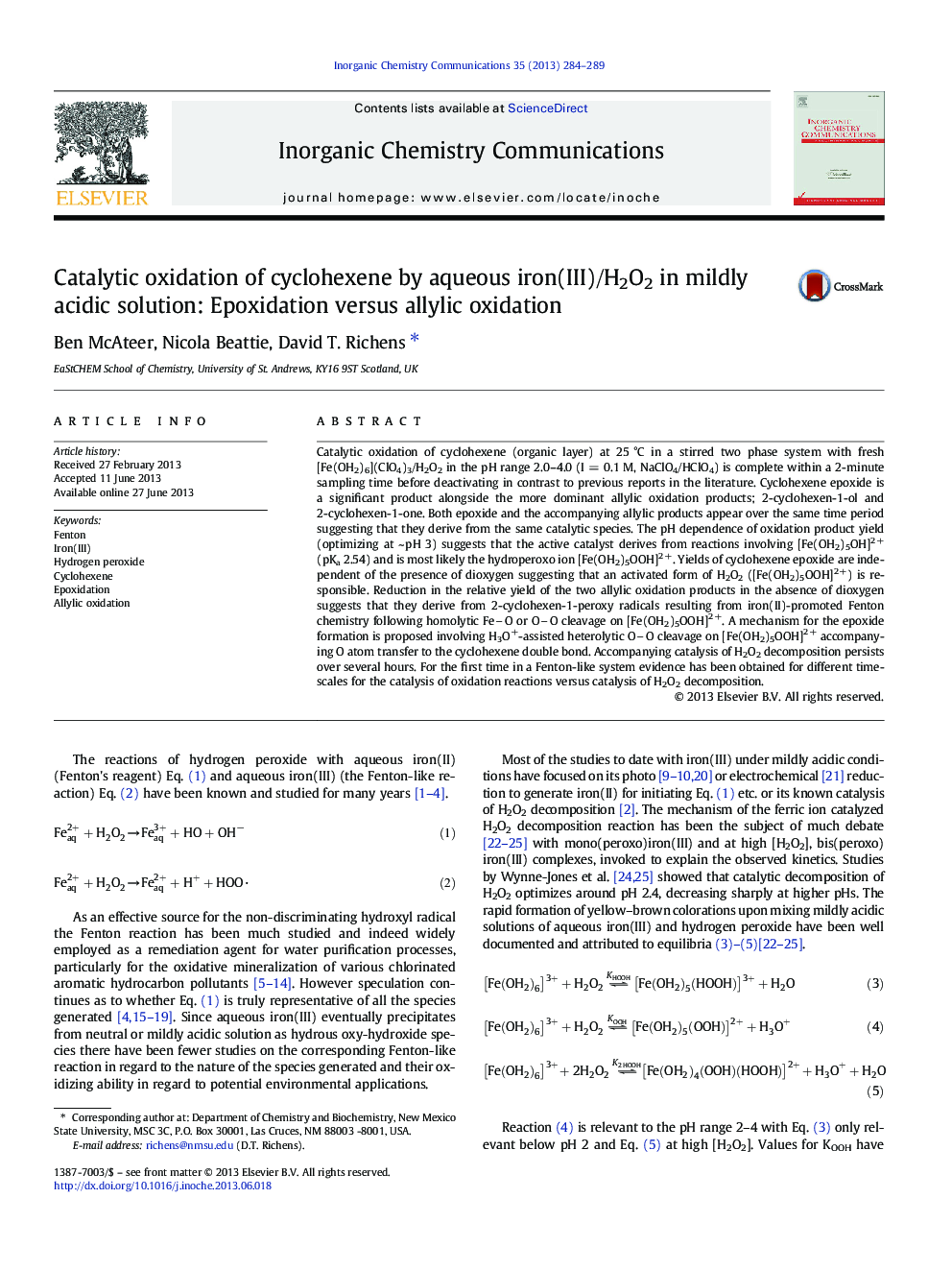 Catalytic oxidation of cyclohexene by aqueous iron(III)/H2O2 in mildly acidic solution: Epoxidation versus allylic oxidation