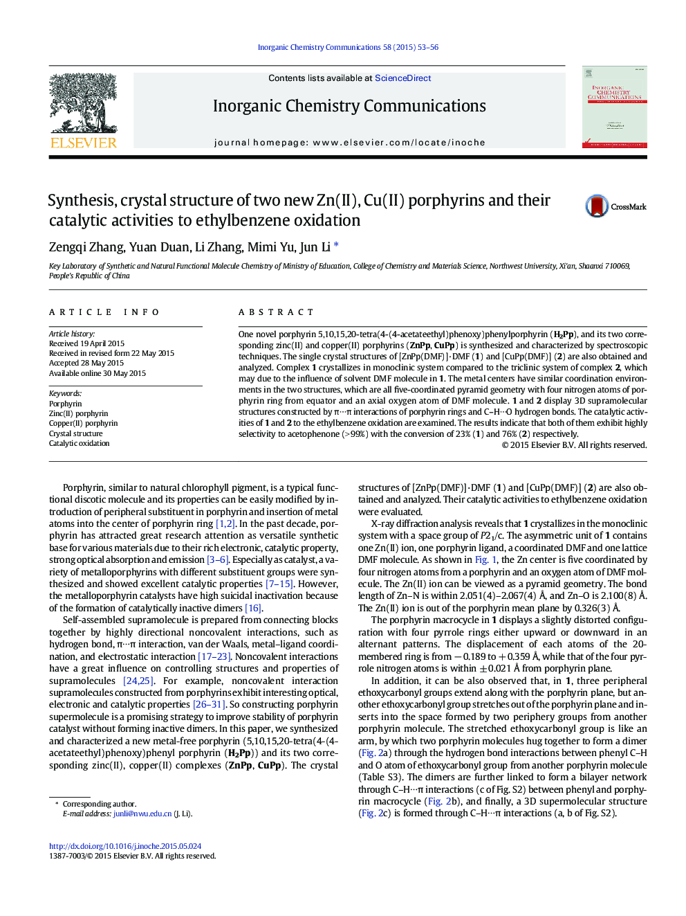 Synthesis, crystal structure of two new Zn(II), Cu(II) porphyrins and their catalytic activities to ethylbenzene oxidation