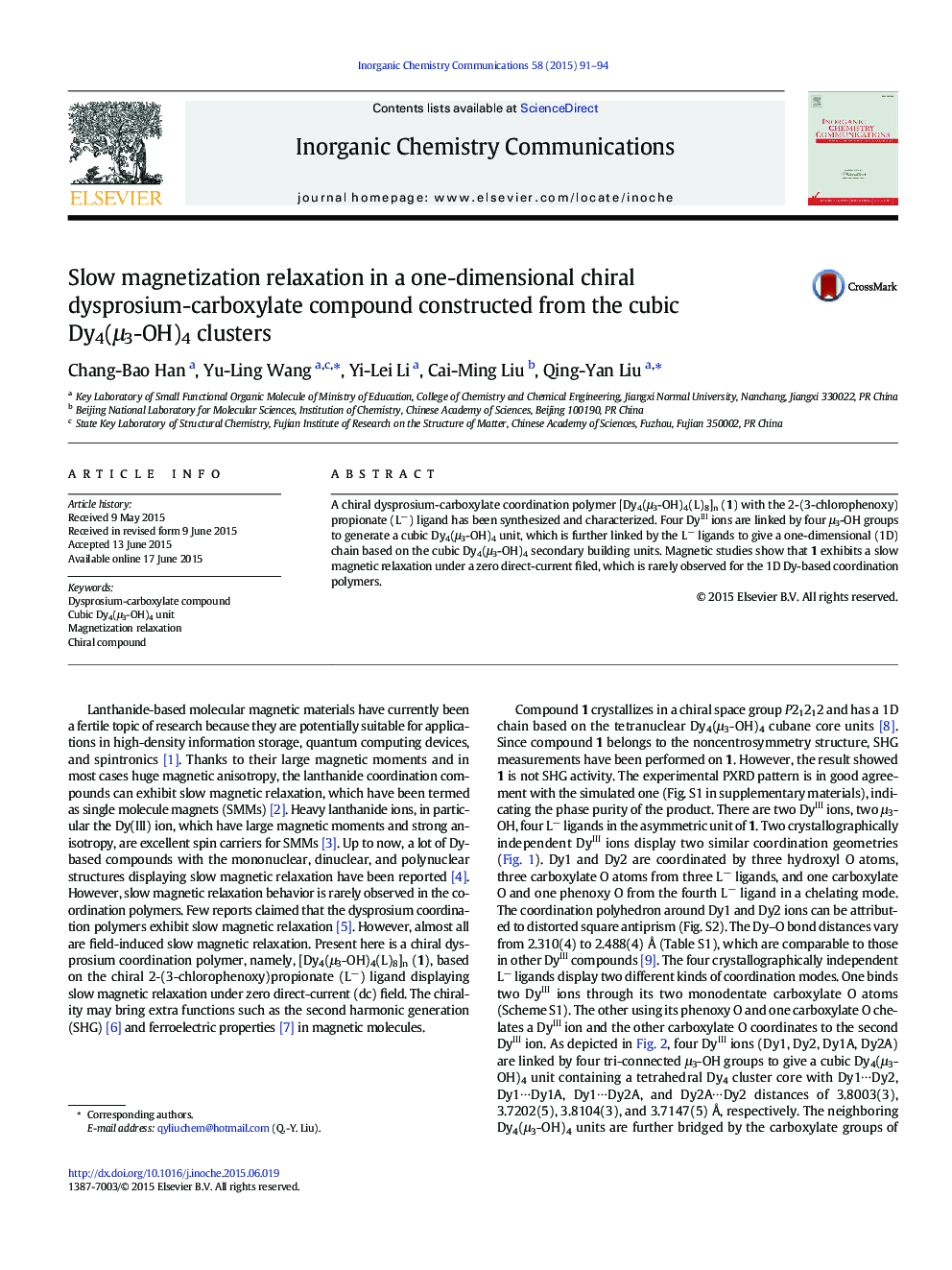 Slow magnetization relaxation in a one-dimensional chiral dysprosium-carboxylate compound constructed from the cubic Dy4(μ3-OH)4 clusters