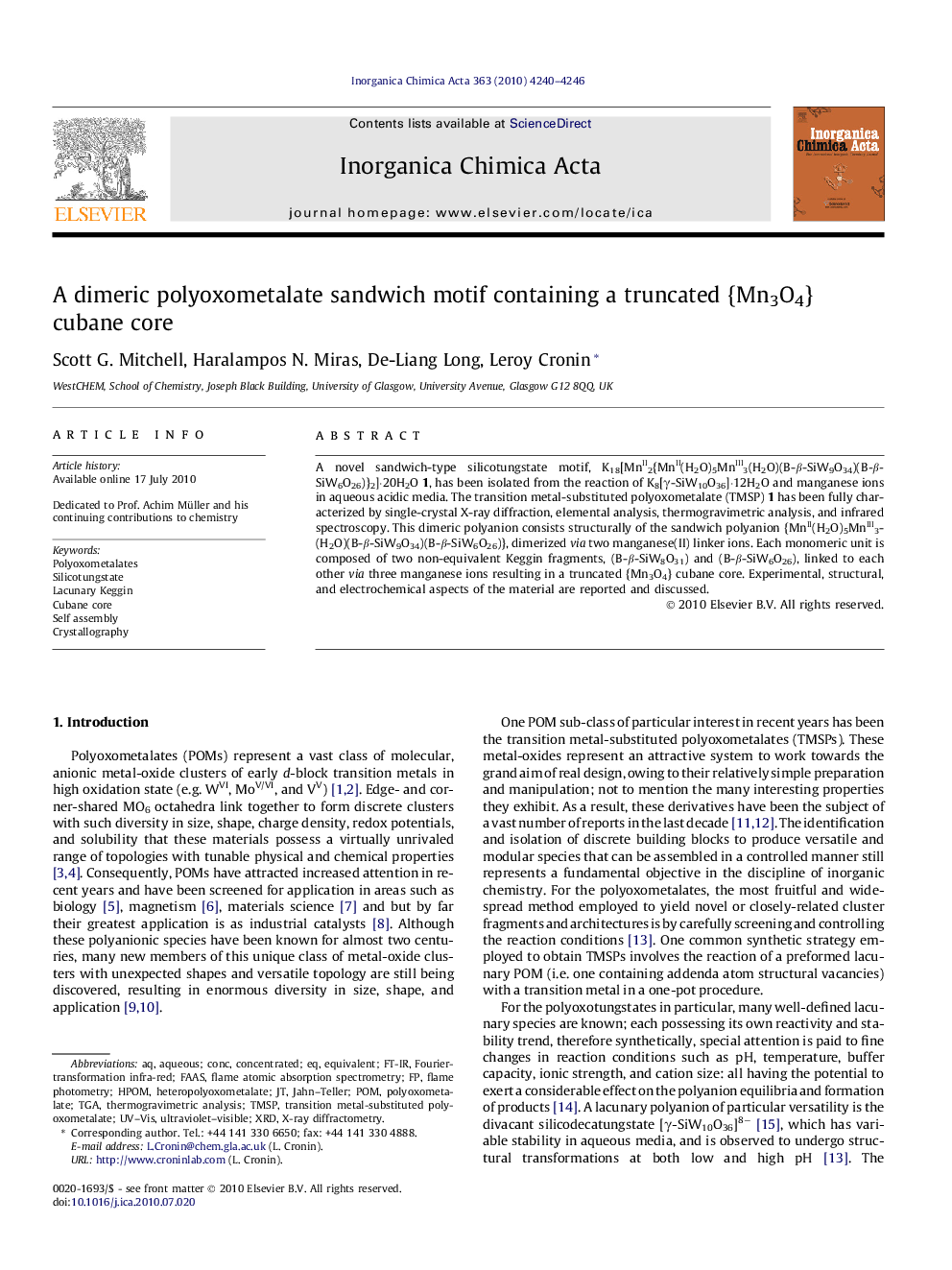 A dimeric polyoxometalate sandwich motif containing a truncated {Mn3O4} cubane core