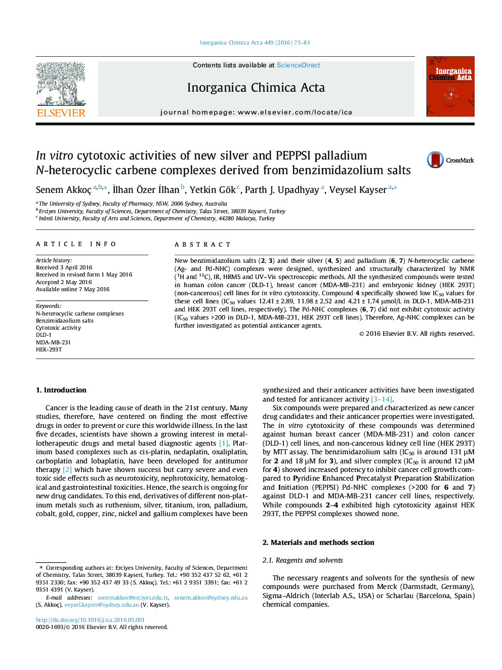 In vitro cytotoxic activities of new silver and PEPPSI palladium N-heterocyclic carbene complexes derived from benzimidazolium salts