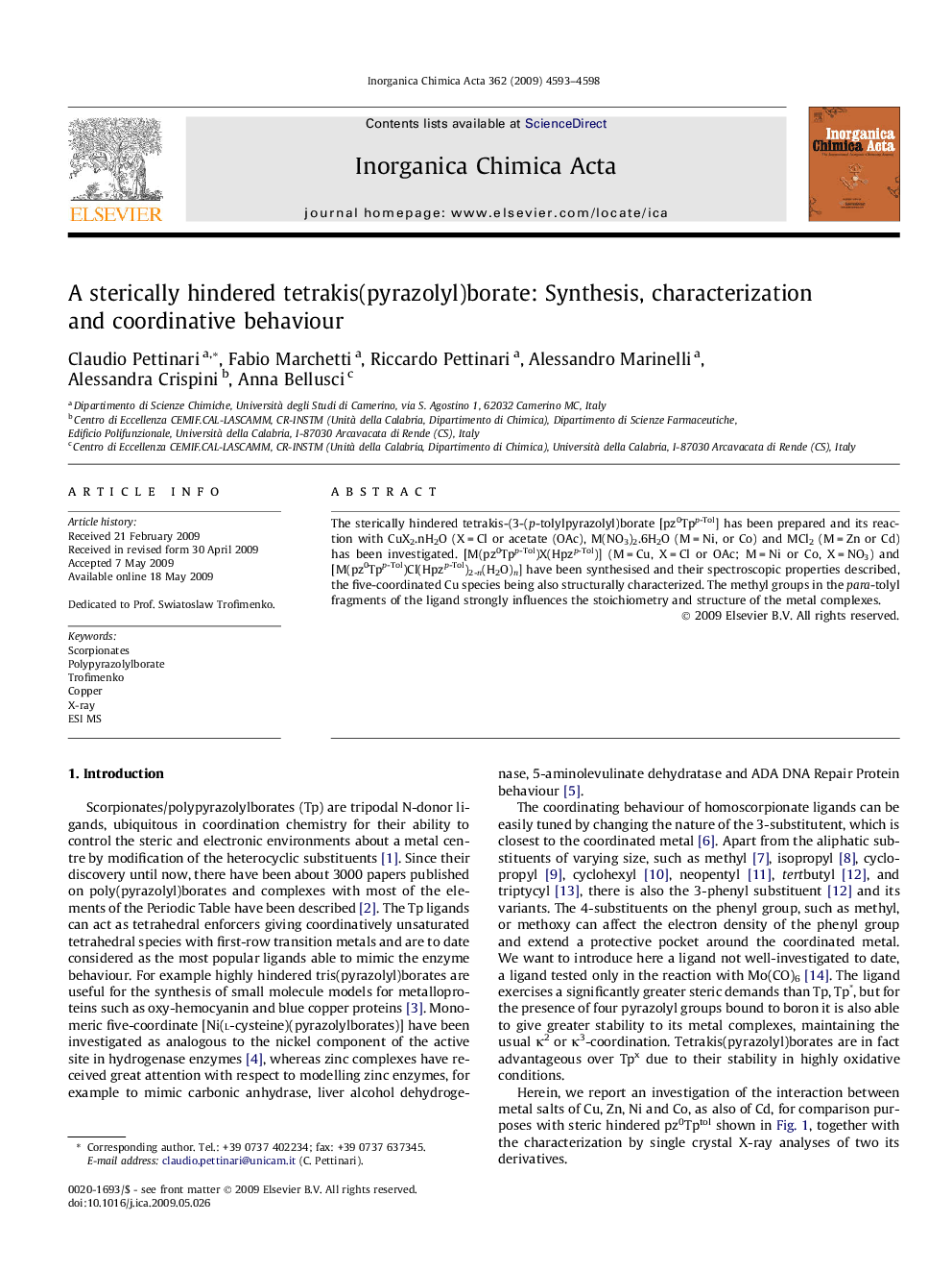 A sterically hindered tetrakis(pyrazolyl)borate: Synthesis, characterization and coordinative behaviour