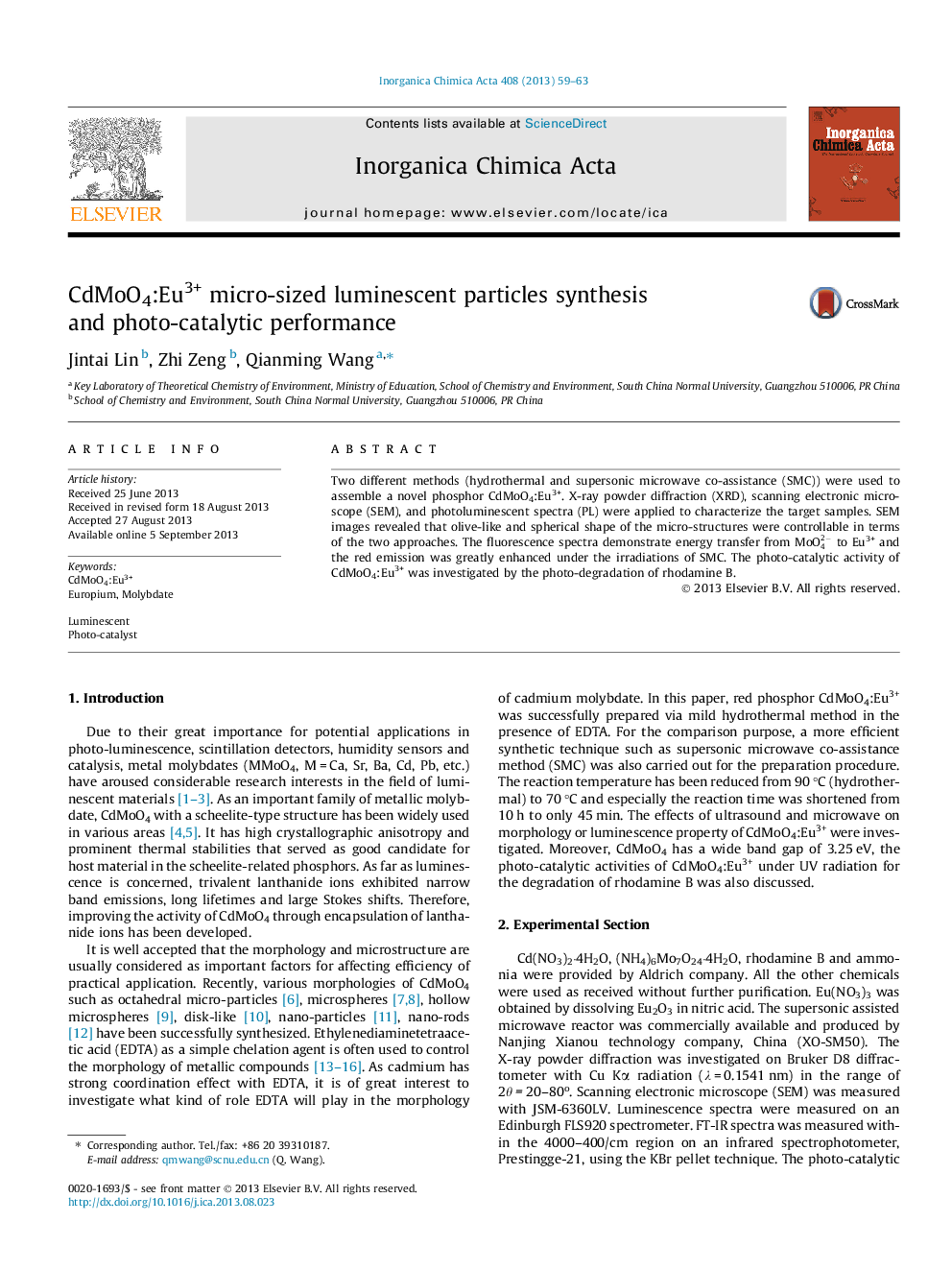 CdMoO4:Eu3+ micro-sized luminescent particles synthesis and photo-catalytic performance