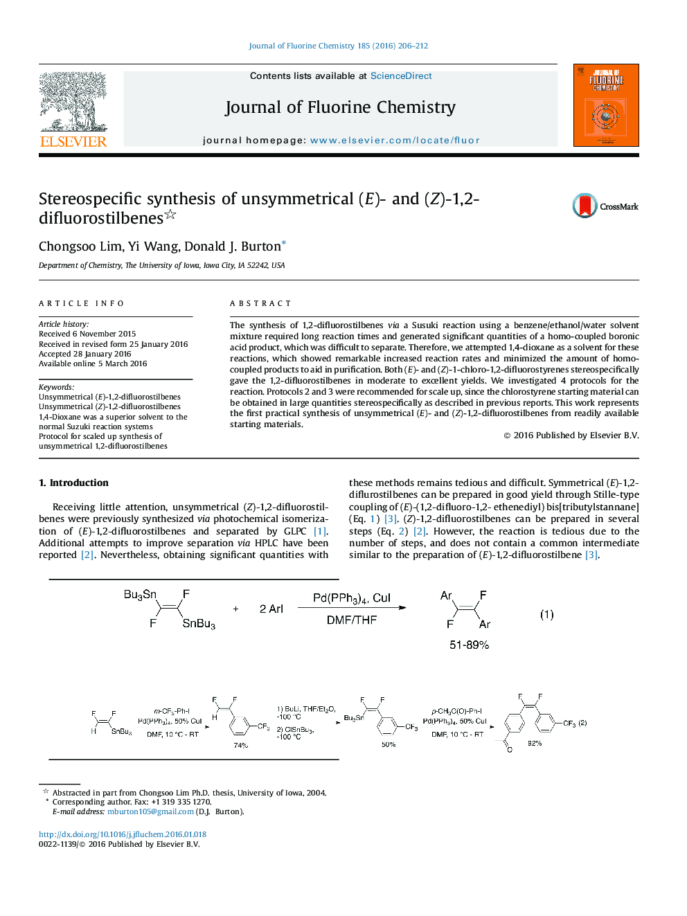 Stereospecific synthesis of unsymmetrical (E)- and (Z)-1,2-difluorostilbenes 