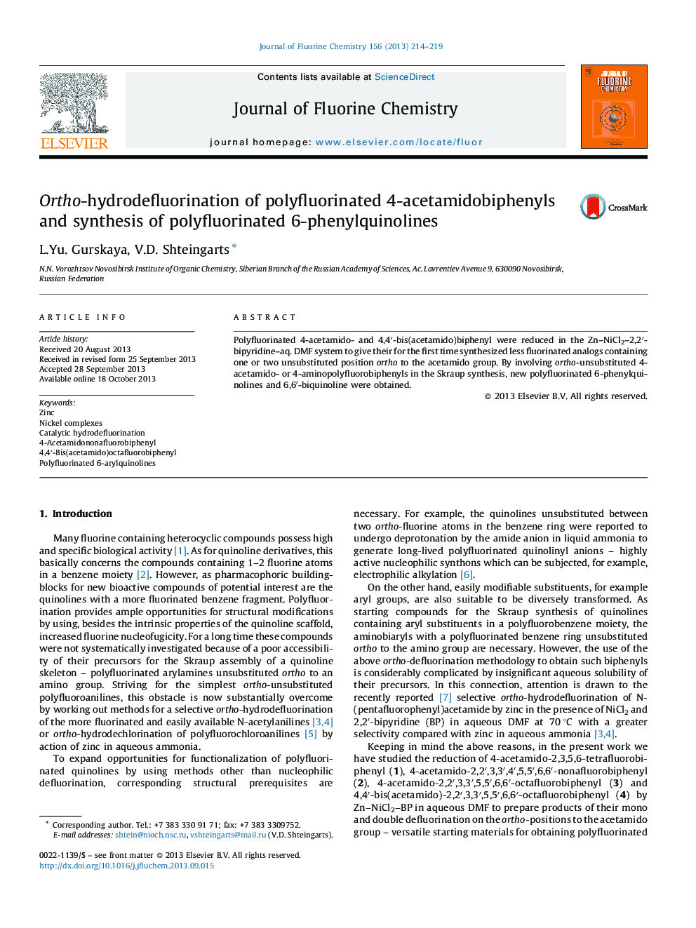 Ortho-hydrodefluorination of polyfluorinated 4-acetamidobiphenyls and synthesis of polyfluorinated 6-phenylquinolines