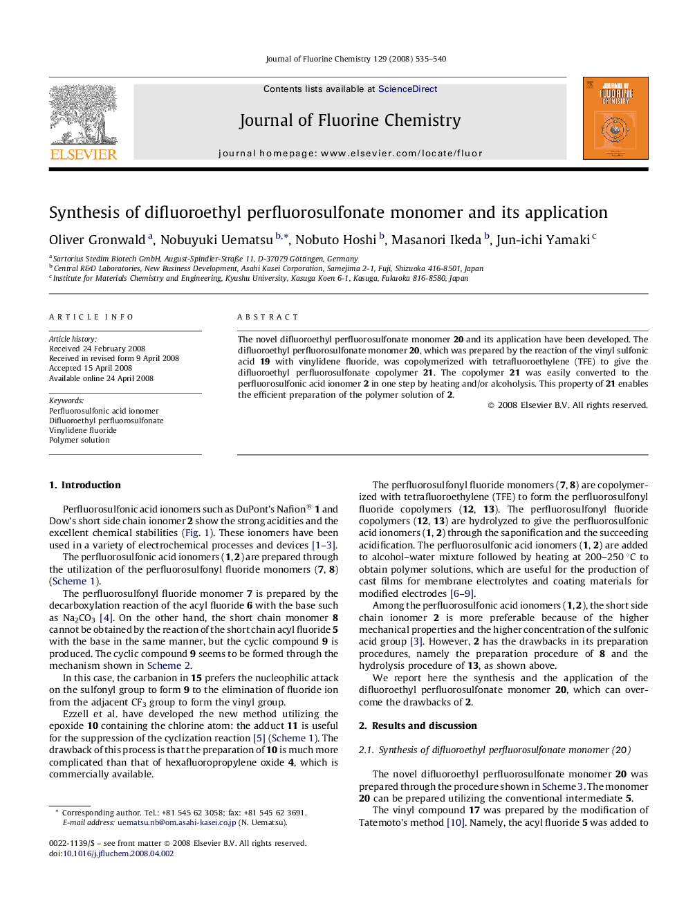 Synthesis of difluoroethyl perfluorosulfonate monomer and its application