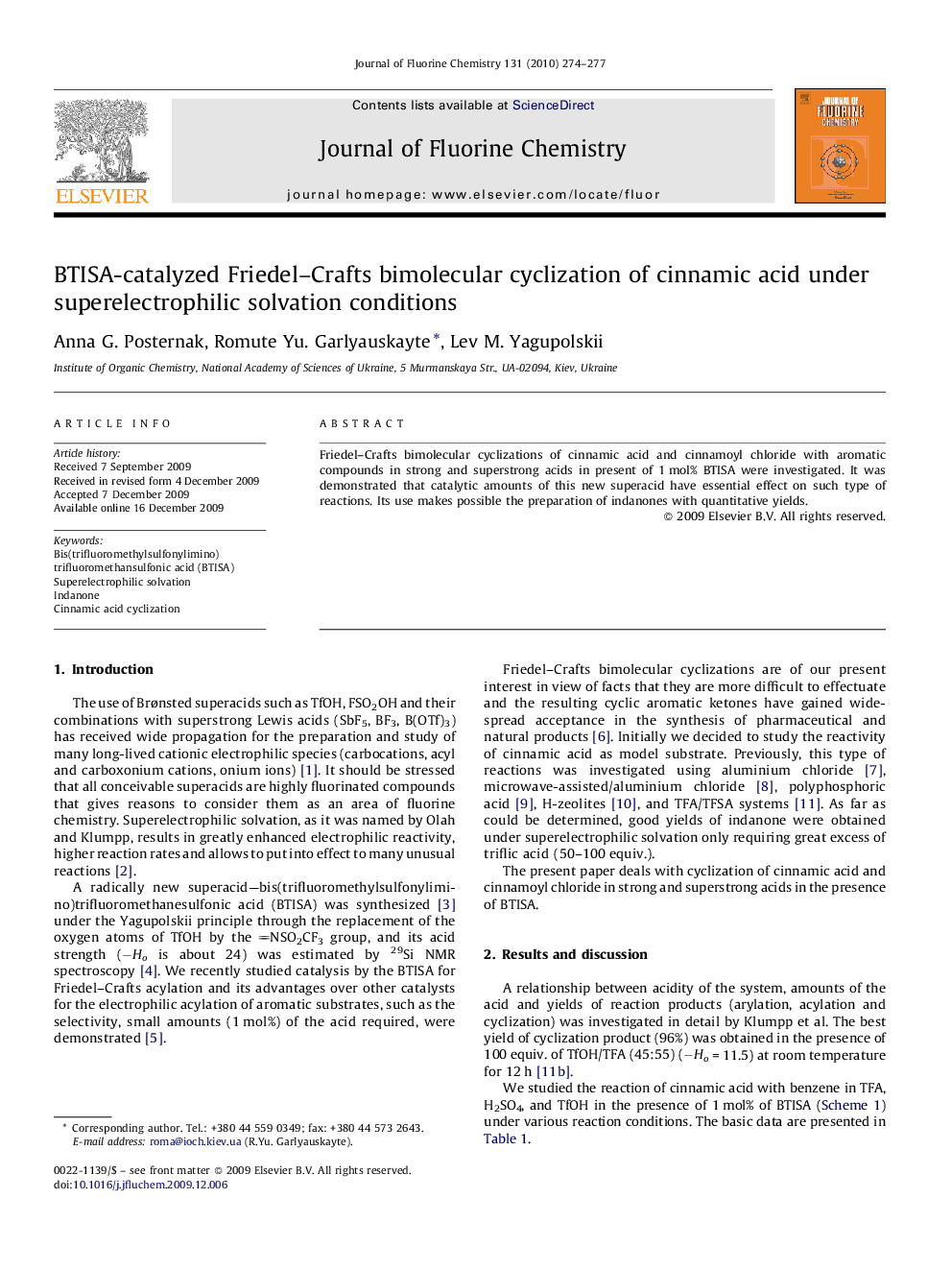 BTISA-catalyzed Friedel–Crafts bimolecular cyclization of cinnamic acid under superelectrophilic solvation conditions