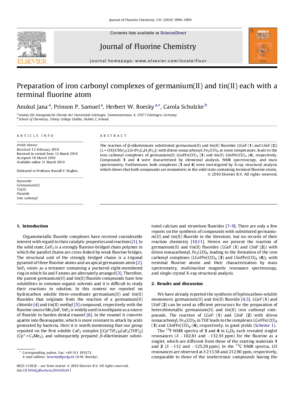 Preparation of iron carbonyl complexes of germanium(II) and tin(II) each with a terminal fluorine atom