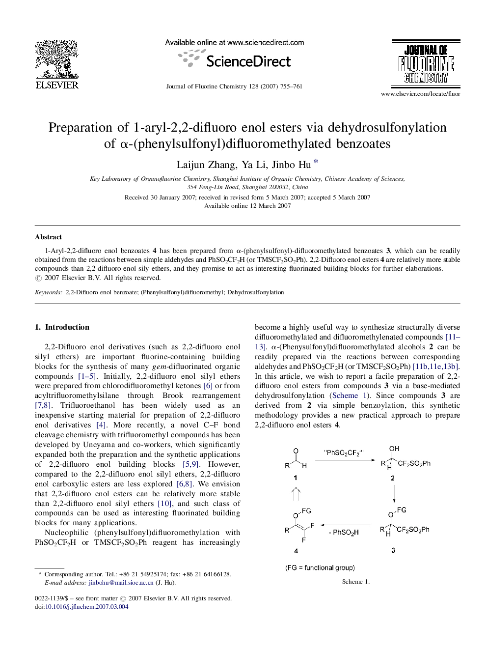 Preparation of 1-aryl-2,2-difluoro enol esters via dehydrosulfonylation of α-(phenylsulfonyl)difluoromethylated benzoates