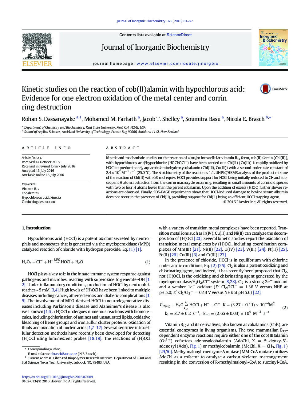 Kinetic studies on the reaction of cob(II)alamin with hypochlorous acid: Evidence for one electron oxidation of the metal center and corrin ring destruction