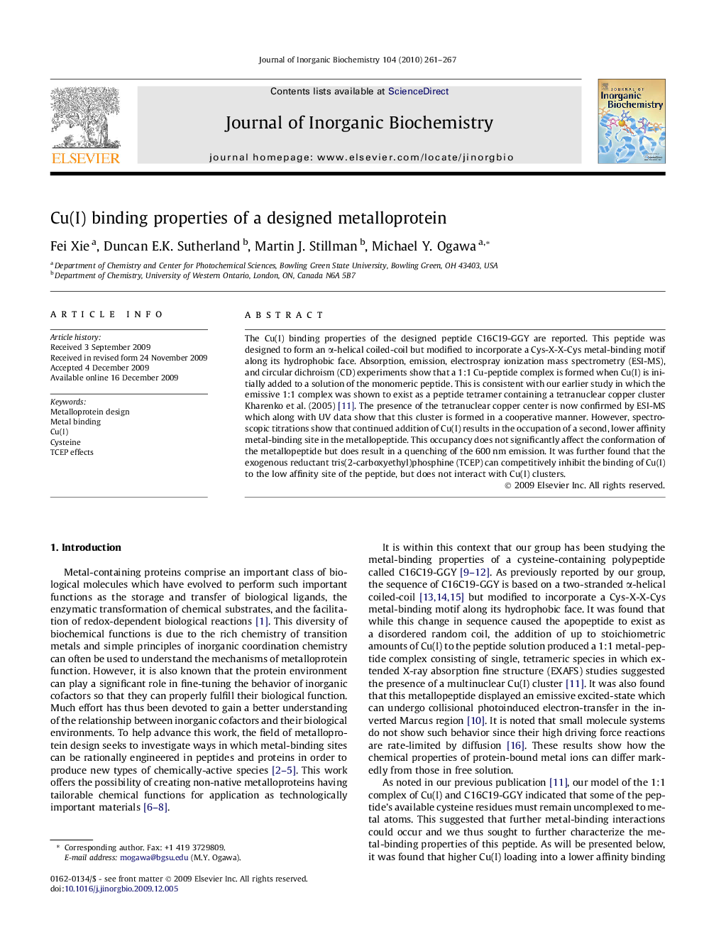 Cu(I) binding properties of a designed metalloprotein