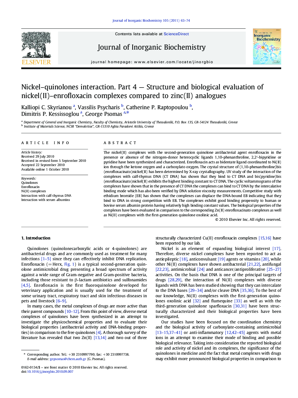 Nickel–quinolones interaction. Part 4 — Structure and biological evaluation of nickel(II)–enrofloxacin complexes compared to zinc(II) analogues