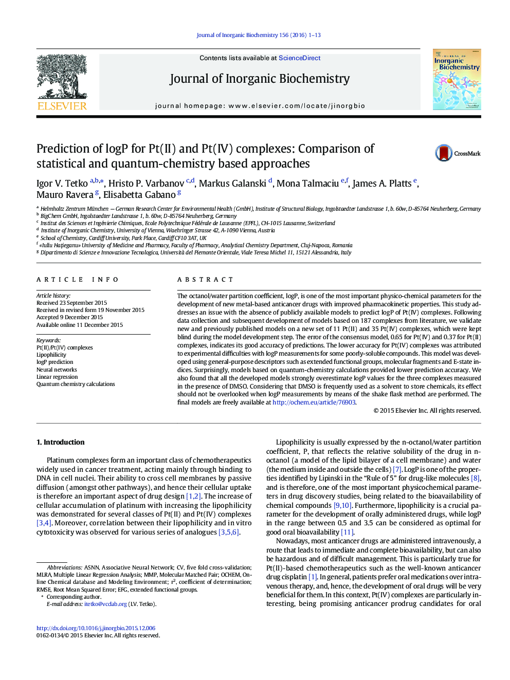Prediction of logP for Pt(II) and Pt(IV) complexes: Comparison of statistical and quantum-chemistry based approaches