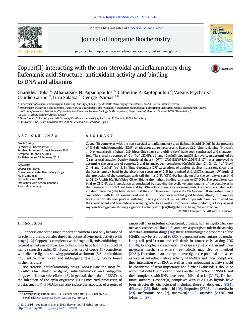 Copper(II) interacting with the non-steroidal antiinflammatory drug flufenamic acid: Structure, antioxidant activity and binding to DNA and albumins