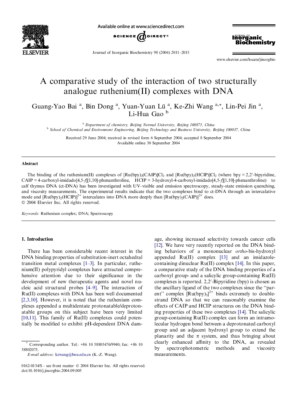 A comparative study of the interaction of two structurally analogue ruthenium(II) complexes with DNA