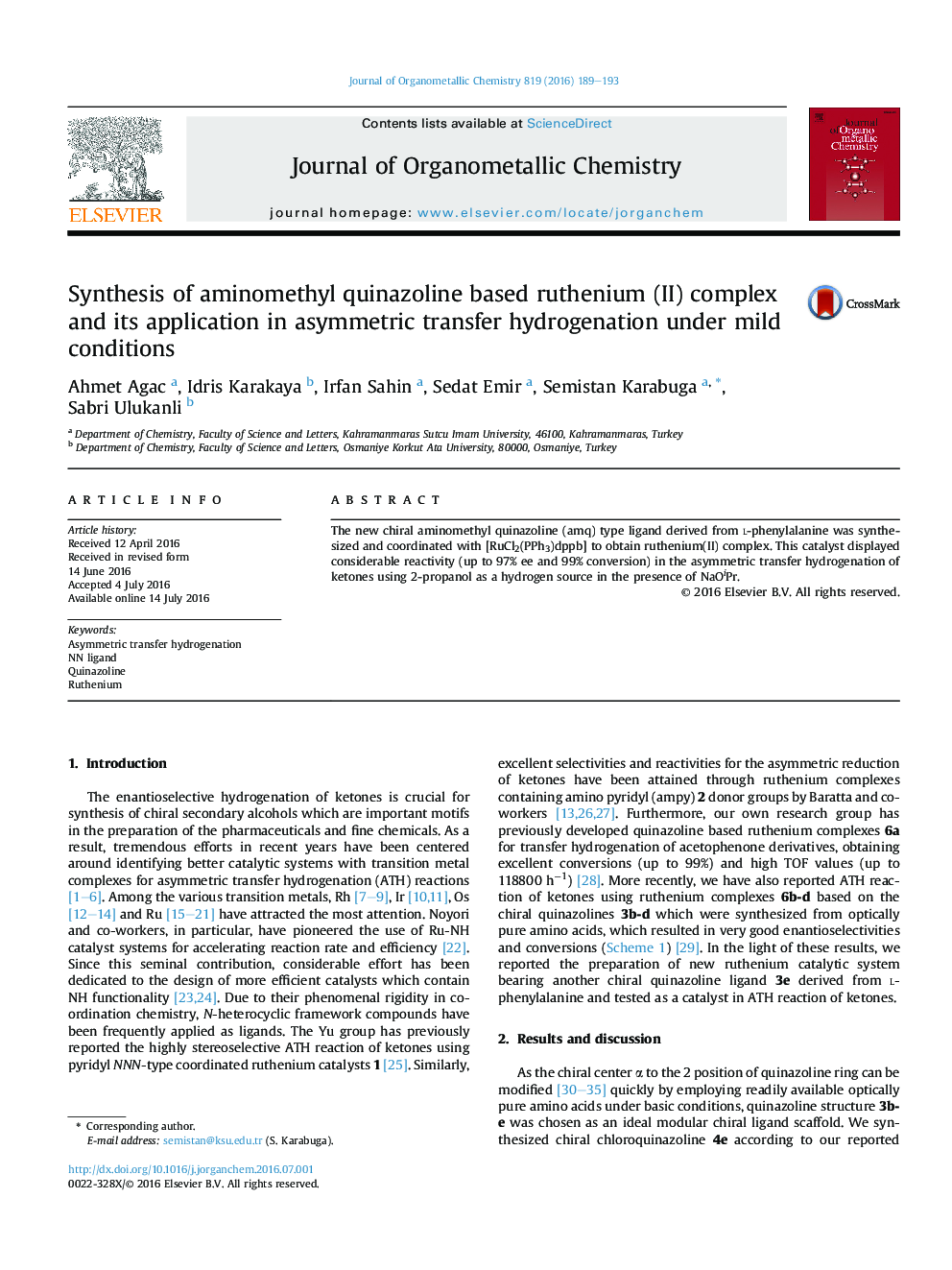 Synthesis of aminomethyl quinazoline based ruthenium (II) complex and its application in asymmetric transfer hydrogenation under mild conditions