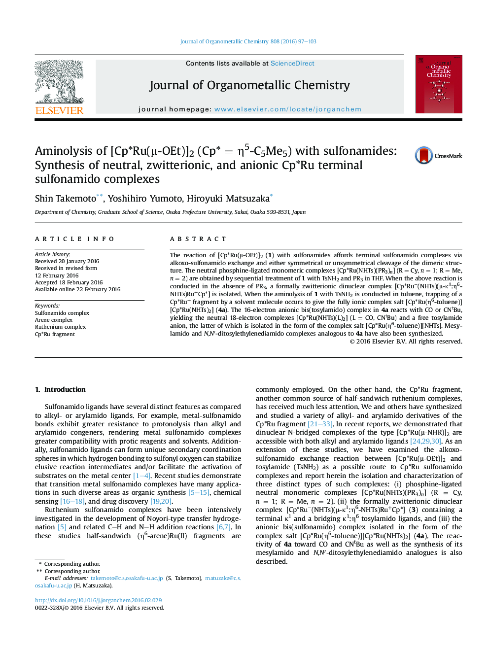 Aminolysis of [Cp*Ru(μ-OEt)]2 (Cp* = η5-C5Me5) with sulfonamides: Synthesis of neutral, zwitterionic, and anionic Cp*Ru terminal sulfonamido complexes