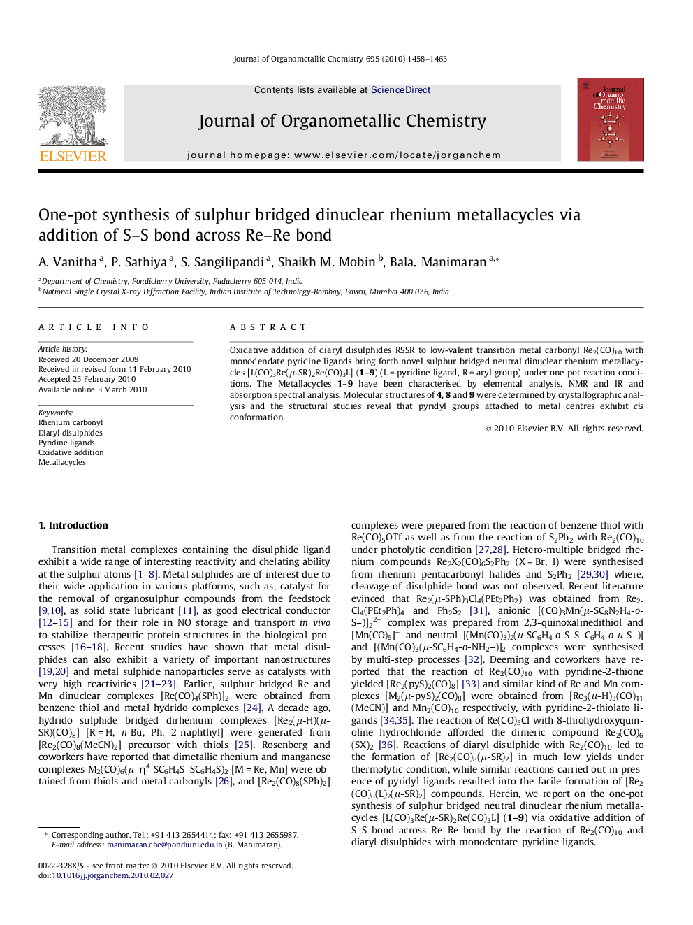 One-pot synthesis of sulphur bridged dinuclear rhenium metallacycles via addition of S–S bond across Re–Re bond