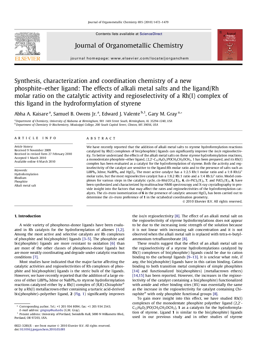 Synthesis, characterization and coordination chemistry of a new phosphite–ether ligand: The effects of alkali metal salts and the ligand/Rh molar ratio on the catalytic activity and regioselectivity of a Rh(I) complex of this ligand in the hydroformylatio