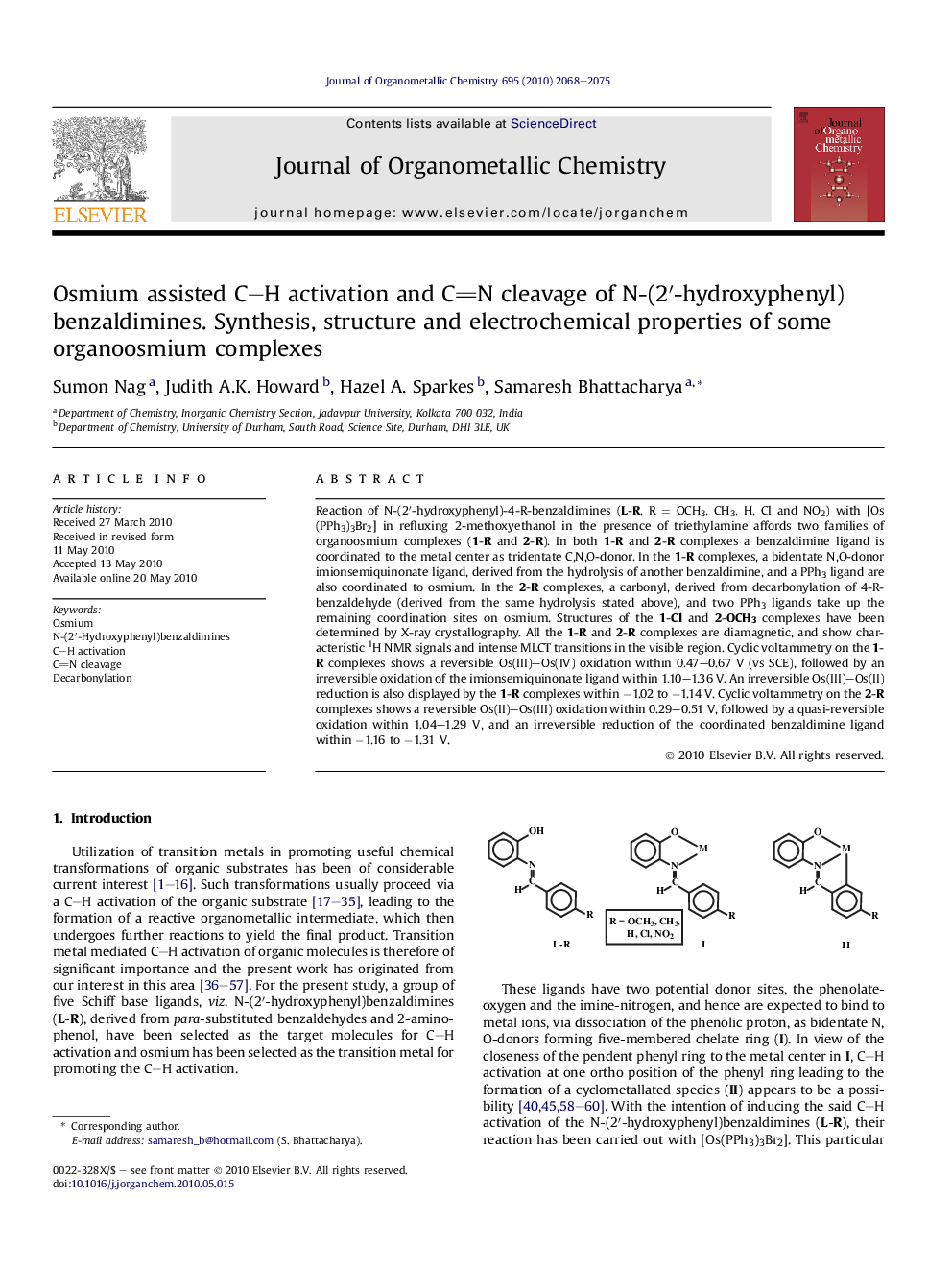 Osmium assisted C–H activation and CN cleavage of N-(2′-hydroxyphenyl) benzaldimines. Synthesis, structure and electrochemical properties of some organoosmium complexes