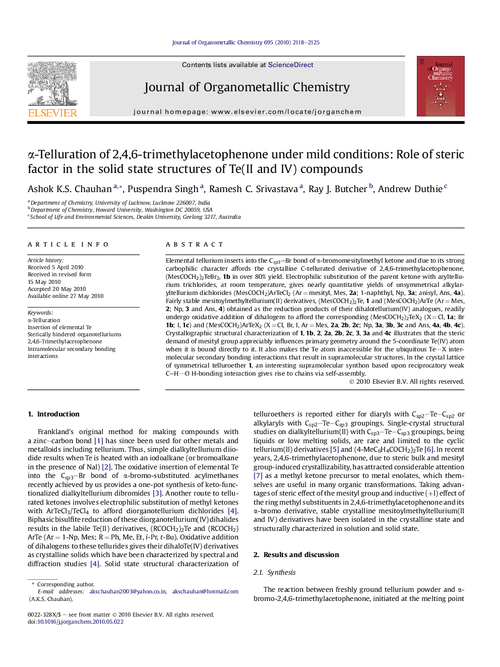 Î±-Telluration of 2,4,6-trimethylacetophenone under mild conditions: Role of steric factor in the solid state structures of Te(II and IV) compounds