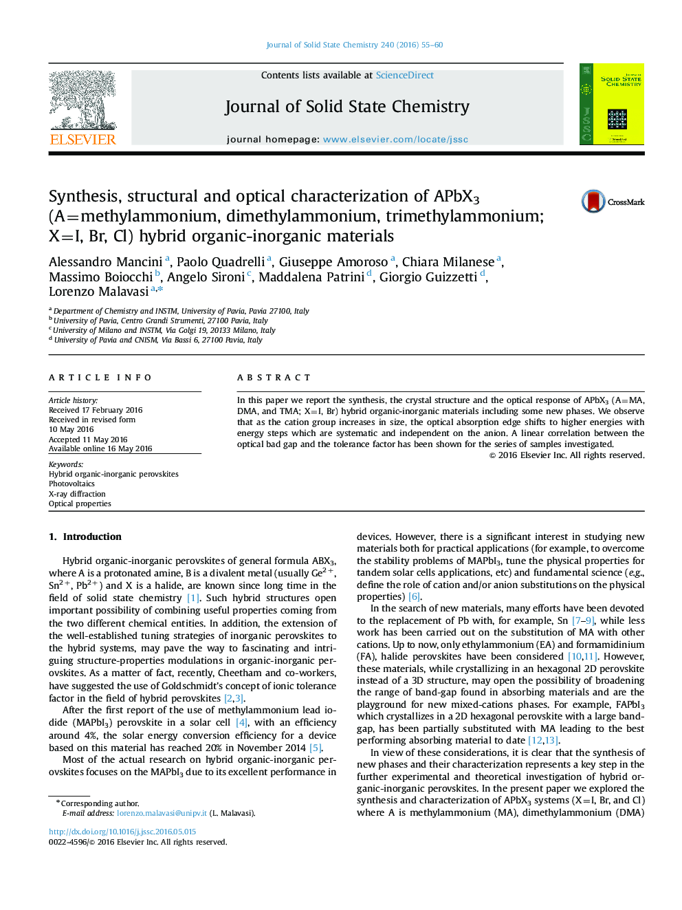 Synthesis, structural and optical characterization of APbX3 (A=methylammonium, dimethylammonium, trimethylammonium; X=I, Br, Cl) hybrid organic-inorganic materials