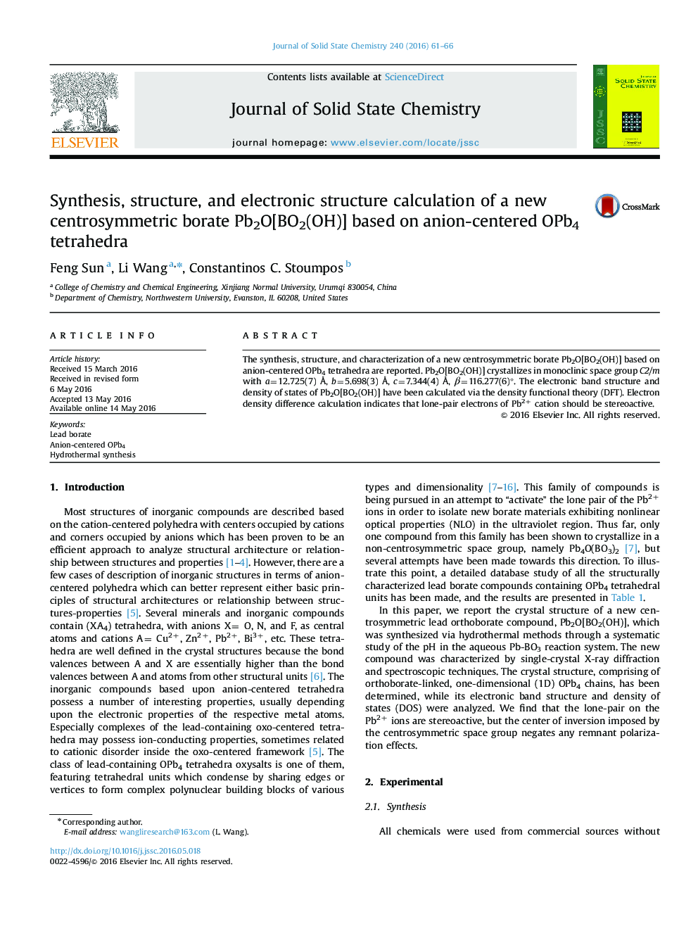 Synthesis, structure, and electronic structure calculation of a new centrosymmetric borate Pb2O[BO2(OH)] based on anion-centered OPb4 tetrahedra