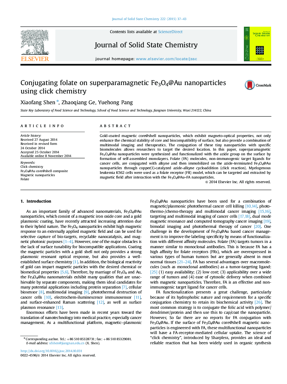 Conjugating folate on superparamagnetic Fe3O4@Au nanoparticles using click chemistry